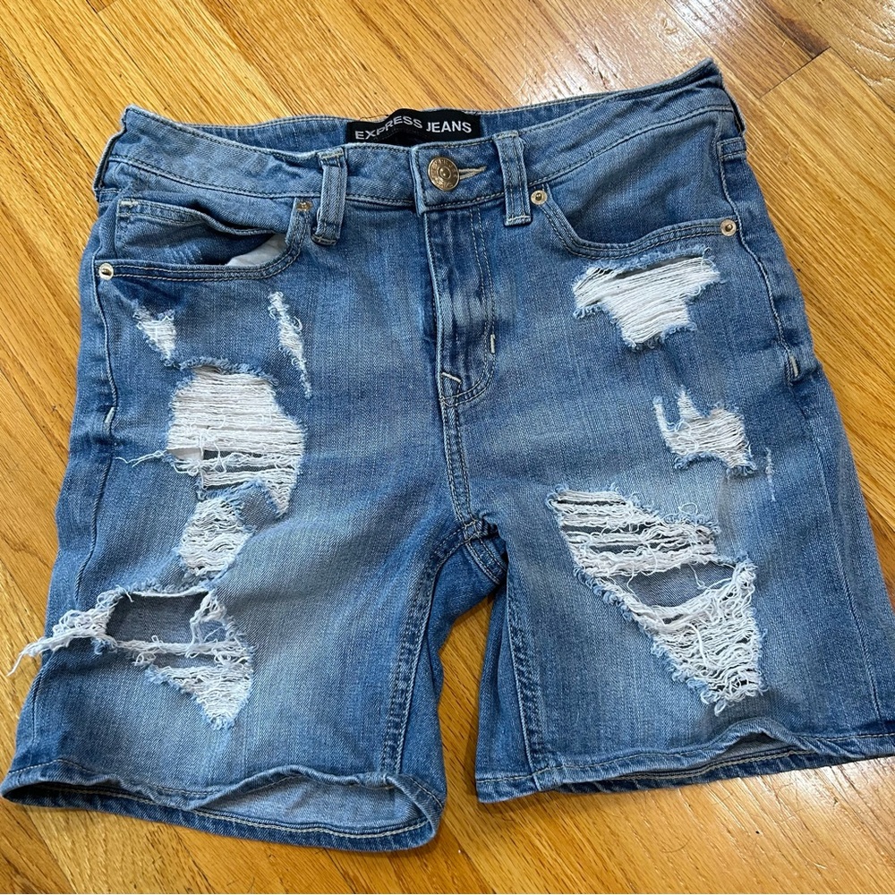 Express Jeans Shorts Womens 0 Blue Denim Distressed Ripped - Picture 1 of 6